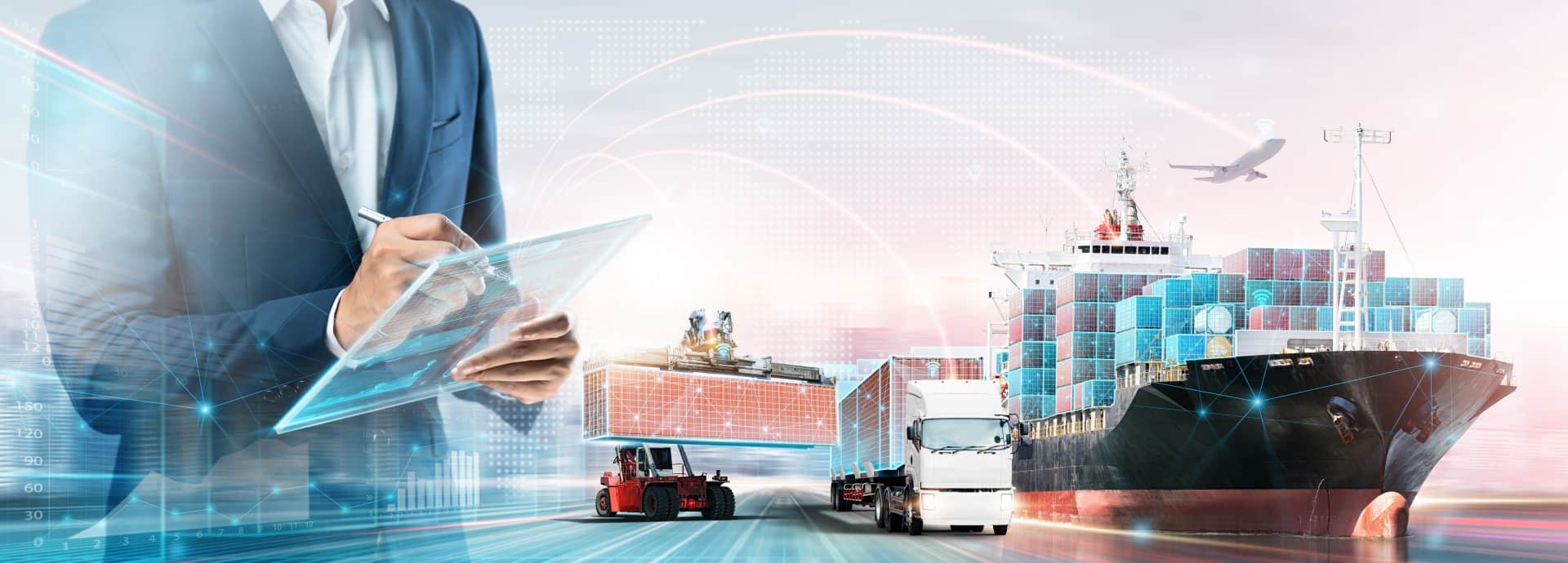 Container Ship, Trucks, and port vehicles connected by data streams that connect in a tablet that a man is holding