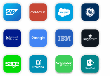 System Logos: SAP, Oracle, Salesforce, GE, Microsoft Dynamics, Google, IBM, SugarCRM, sage, Syspro, Sharepoint
