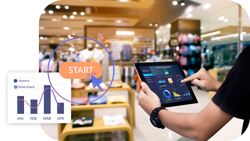man holding a tablet that shows data analytics in retail
